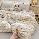 SHOPMOCHO Puple Flower Printed Duvet Cover with Lace Double-layered Yarn housse de couette 220x240 Single/Queen/King Size Comforter Cover