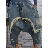 Shopmocho Women Jeans Harem Pants Hip Hop Punk Denim Pant Hole Elastic Waist Washed Distressed Pockets Streetwear 2025 Ripped Trousers