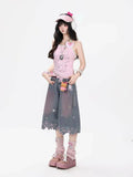 SHOPMOCHO Women High Waist Cute Cartoon Cat Embroidery Jeans Girls Vintage Y2k Clothes Calf Length Denim Pants Harajuku Blue Streetwear