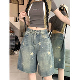 Shopmocho American Style Vintage Women's Short Jeans High Waisted Washed Wide Leg Denim Pants Woman Fashion Do Old Star Knee Length Shorts