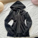 SHOPMOCHO Y2K New Emo Fashion Rivet Zipper Hoodie Women Harajuku Black Oversized Hoodie Gothic Retro Classic Sweatshirt Winter Clothing