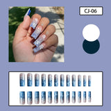 Shopmocho 24pcs Y2k Summer Sea Blue Gradient Fake Nails With Water Ripples Designs Long Square Coffin False Nails Set Press On Nail Tips