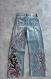 SHOPMOCHO Men Women Cherry Blossom Knight All Embroidery Denim Pants Y2k Vintage Baggy Street Straight Jeans High Waisted Washed Blue Jean