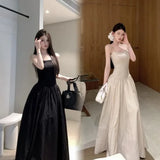 SHOPMOCHO-Temperament Apricot Suspender Dress Gentle Summer Vacation Style Waist Cinched Backless  Big Swing A-line Long Skirt Q147