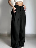 SHOPMOCHO Women's Black High Waist Wide Leg Suit Pants Pleated Front Side Tie Detail Loose Fit Casual Streetwear Spring Summer Trousers
