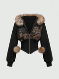 SHOPMOCHOWinter Warm Gothic Print Hoodie Women's Faux Fur Crop Top Zip-Up Sweatshirt Fashion Y2K Streetwear Hooded Jacket 2026 New
