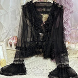 SHOPMOCHO Lolita Sweet Women Shirts Lace Mesh Harajuku Blouse Y2K Aesthetic Long Sleeve Preppy Style Female Cardigan Japanese Ruffles Tops