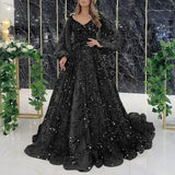 Shopmocho BWQ Vinatge Evening Party Long Dresses Sequin Women A-line Princess Dress Lantern Sleeve Spring Summer Robe Prom Halloween