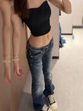 SHOPMOCHO Y2K Gothic Embroidery Hot Diamonds Denim Pants Harajuku Retro Hip Hop Low Waist Jeans Fashion Hot Girl Casual Straight Jeans