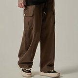 Shopmocho Men's Sweatpants 2025 Spring Autumn Vintage Japanese Wide Leg Straight Loose Button Big Pockets Cargo Pants Drawstring Trousers