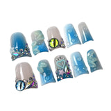 Shopmocho 10pcs Gradient Blue Summer Fake Nails Glossy Cat's Eye 3D Flower Shiny Diamond Press On Nail Blush Duckbill Handmade False Nail