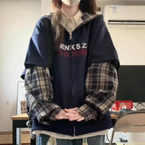 Shopmocho Two-Piece Illusion Plaid Hooded Sweatshirt Women's Spring Autumn Thin Style Design Sensibility Niche Loose Fit Idle Style Couple