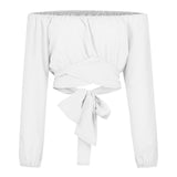 SHOPMOCHO Off Shoulder Shirts Puff Long Sleeve Y2K Crop Tops Summer Clothes Women 2026 Black White Blouse Bandage Elegant Sexy Women Shirt