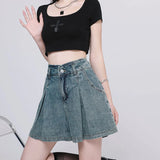 SHOPMOCHO Korean Casual High Waisted Pleated Denim Shorts For Women Spring Summer Baggy Jeans Shorts Y2k  A-Line Wide Leg Jeans