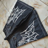 SHOPMOCHO Y2K Baggy Denim Jorts White Tribal Embroidery Wide Leg Jean Shorts Gothic Hip Hop Streetwear