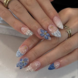 Shopmocho 24Pcs Mid-length 3D Flowers Design Fingertips Sweet Butterfly Yellow Ripple Almond False Nails Detachable Full Cover Press Ons