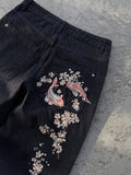 SHOPMOCHO New Sakura Carp Embroidered Jeans Y2k Harajuku Retro Men and Women Loose Street Style Trousers Gothic Punk Casual Straight Jeans