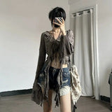 SHOPMOCHO Deeptown Vintage Fairycore Women Blouses Elegant Flare Sleeve Ruffle Tops Sexy Lace Up Shirts Hollow Out Aesthetic Crop Cardigan