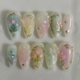 Shopmocho 24pcs Sweet False Nail Patches Detachable Fake Nail Tips With Bowknots Love Heart Pearl Design Pink Almond Korean Press On Nail