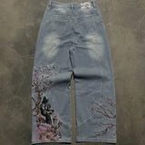 SHOPMOCHO American New Fashion Vintage Cherry Blossom Pattern Embroidered Blue Jeans Women Y2K Street Wild Straight Wide-leg Trousers