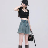 SHOPMOCHO Korean Casual High Waisted Pleated Denim Shorts For Women Spring Summer Baggy Jeans Shorts Y2k  A-Line Wide Leg Jeans