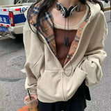 Shopmocho Brown Zip Up Hoodie Women 2025 Autumn Lattice stitching Long Sleeve Casual Oversized Sweatshirt Solid Jacket Women Clothing