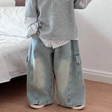 SHOPMOCHO Korean Children's Jeans Loose Straight Pants Wide Leg Cargo Pants for Boys Girls New Spring Autumn Kid's Denim Pocket Trousers