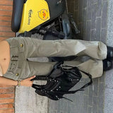 SHOPMOCHO Retro New Belt Design Pocket Gray Women Work Pants Fashionable High Street Harajuku Loose Straight Leg Floor Pants