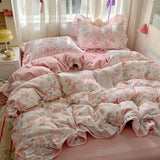 SHOPMOCHO Ruffles Bedding Set Floral Style Duvet Cover Pillowcase with Bedsheet Skin-friendly Bed Linen Set Girls Room Bedclothes