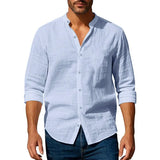 Shopmocho Chemise en coton et lin pour hommes, col Henley, couleur unie, légère, respirante, coupe cintrée, simple boutonnage, manches longues, boutonnée