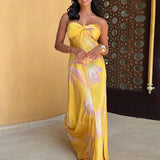 Shopmocho Yellow Printed Halter Satin Women's Dress New Summer Hollow Off Shoulder Bohemian Dress Sexy Sleeveless Slim Party Long Dresses
