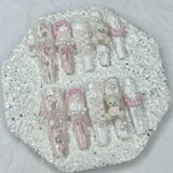 SHOPMOCHO 10PCS Cute Pink Blue Lolita French Lace Handmade Press On Nails 3D Teddy Bear Bow Pearl Fake Nails Sweet Elegant Long Nail Art