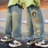 SHOPMOCHO Boys' denim trousers, suitable for spring and autumn, children's pants with cartoon prints, casual style for outdoor street wear