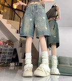SHOPMOCHO Casual Floral Print Loose Wide Leg Womens Jeans New American Retro Star Design Straight Leg Comfort Stretch Soft Denim Shorts