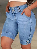 SHOPMOCHO Ladies' Blue Double-Buckle Waist Slim Fit Jeans