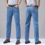 SHOPMOCHO Summer Light Blue Men's Comfort Soft Jeans Thin Straight Business Denim Pants Breathable Cotton Casual Stretch Work Trousers