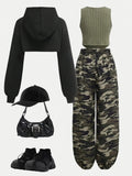 SHOPMOCHO Children's Clothing: Girls' Short Hooded Sweatshirt & Fleece Ribbed Vest & Camouflage Sweatpants Three-Piece Set, Army Green Cool Girl Outfit