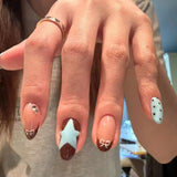 Shopmocho 10pcs Handmade French Short Press On Nails Blue Brown Polka Dot Bow Star Design Fake Nail Wearable Nail Art Tips for Girls