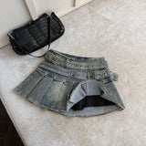 SHOPMOCHO Women's Blue Black Riveted Belt Denim Skirt Y2K Harajuku High Street Fashion 90s Sexy A-line Mini Skirt Summer Clothing 2025 New