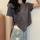 SHOPMOCHO Slit Bandage V Neck Sexy Crop Top Women Korean Casual Summer New Short Sleeve T-shirt Y2K Streetwear Trendy Top for Women