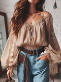 Shopmocho Women's Boho Shirt Off Shoulder Lace Up Lantern Sleeve Vintage Sexy Sweet Cropped Blouse Top Hollow Out Casual Lace Blouse Tops
