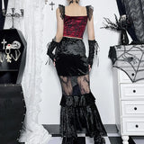 Shopmocho Goth Dark Ruched Vintage Gothic Aesthetic Velvet Skirts Grunge Mesh Splice Sexy Mermaid Skirt Women High Waist Elegant Partywear