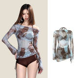 SHOPMOCHO-Korean Sports Three-Piece Multi-Color Printing Sling Low-Cut High-Waist Body Suit Shorts Side Drawstring Sweet Swimsuit
