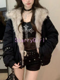 SHOPMOCHOWinter New Elegant Liner Fur Loose Coat Women Y2k Fur Collar Hood Thick Fashion Parkas Casual Outerwear Cotton Padded Jackets