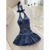 Shopmocho Retro Street Fashion Washed Denim Two-Piece Skirt Set Women Hip Hop Harajuku Goth Halves Neck Top Mini Pleated Skirt Trendy Set