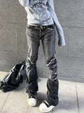 SHOPMOCHO Harajuku Streetwear Women Low Waist Flare Denim Jeans Y2K Vintage Washed Distressed Butterfly Embroidery Rivet Zipper Trousers