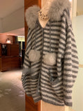 Shopmocho Harajuku Long Sleeve Hooded Cardigan Knit Women Casual Sweet Striped Sweater Pure Color Faux Fur Collar Streetwear 2025 Autumn