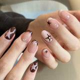 Shopmocho 10pcs Handmade French Short Press On Nails Milk Coffee Color Star Design Y2K Fake Nail Wearable Nail Art Tips for Girls
