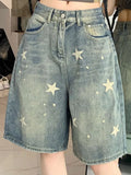 Shopmocho Women High Waist American Retro Washed Wide Leg Jeans Girls Street Do Old Star Loose Denim Pants Female Blue Knee Length Shorts