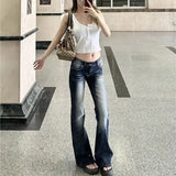 Shopmocho Women Fashion Washed Denim Flares Pants Korean Style Low-Waist Slimming Wide Leg Jeans Female Streetwear Sexy Slim Y2K Trousers